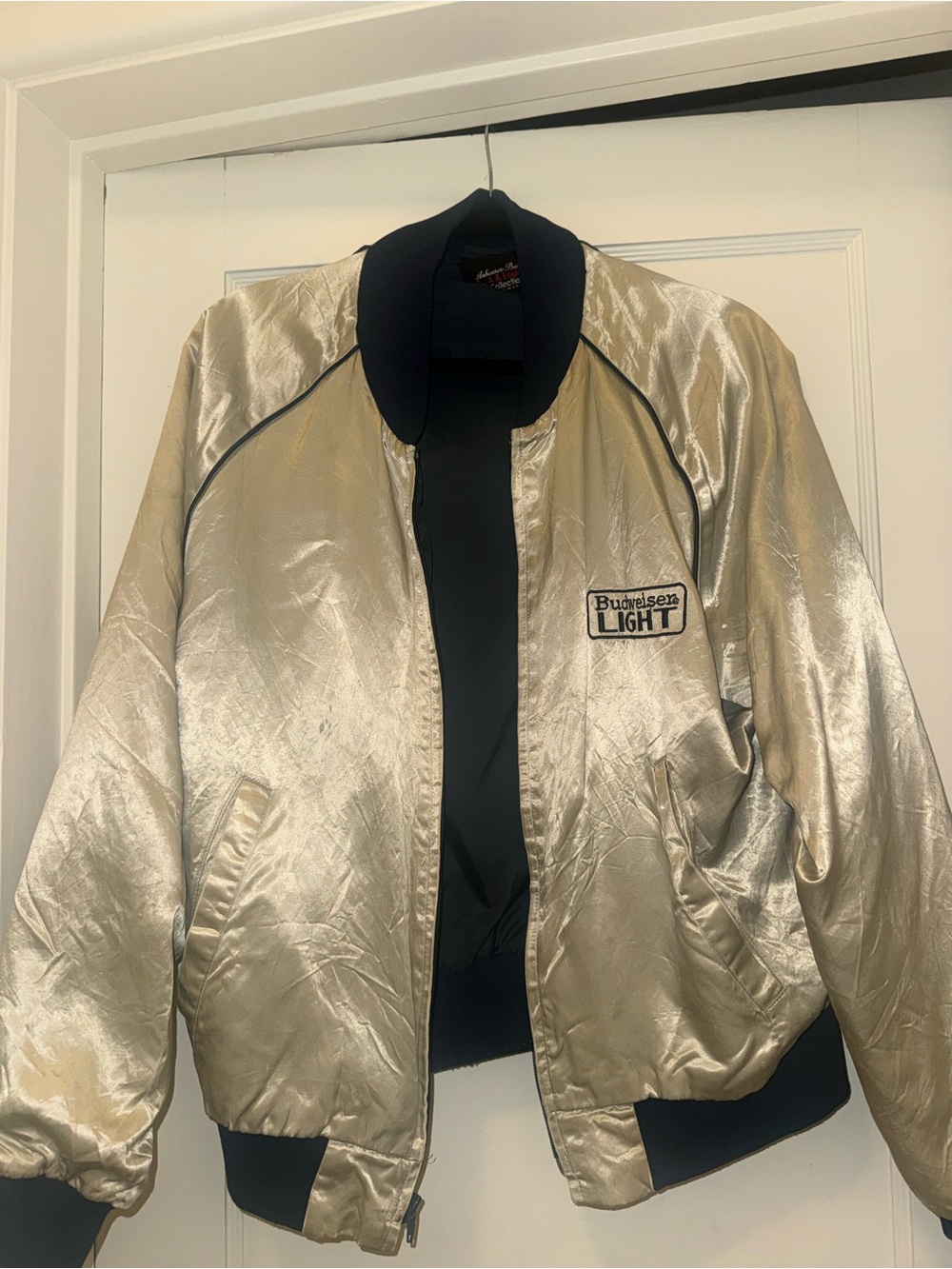 Vintage Budweiser Silver Metallic Bomber Jacket with Black Trim